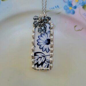 Blue & White Flower Broken China Soldered Pendant Necklace